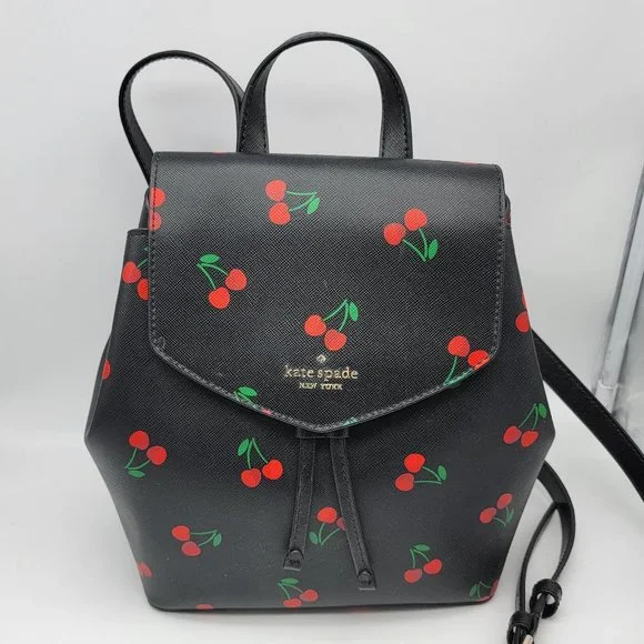 Kate Spade Lizzie Tossed Cherry Printed Medium Flap Backpack K6390 Black Multi Kate spade medium Lizzie flap backpack New | Mercari main image 3